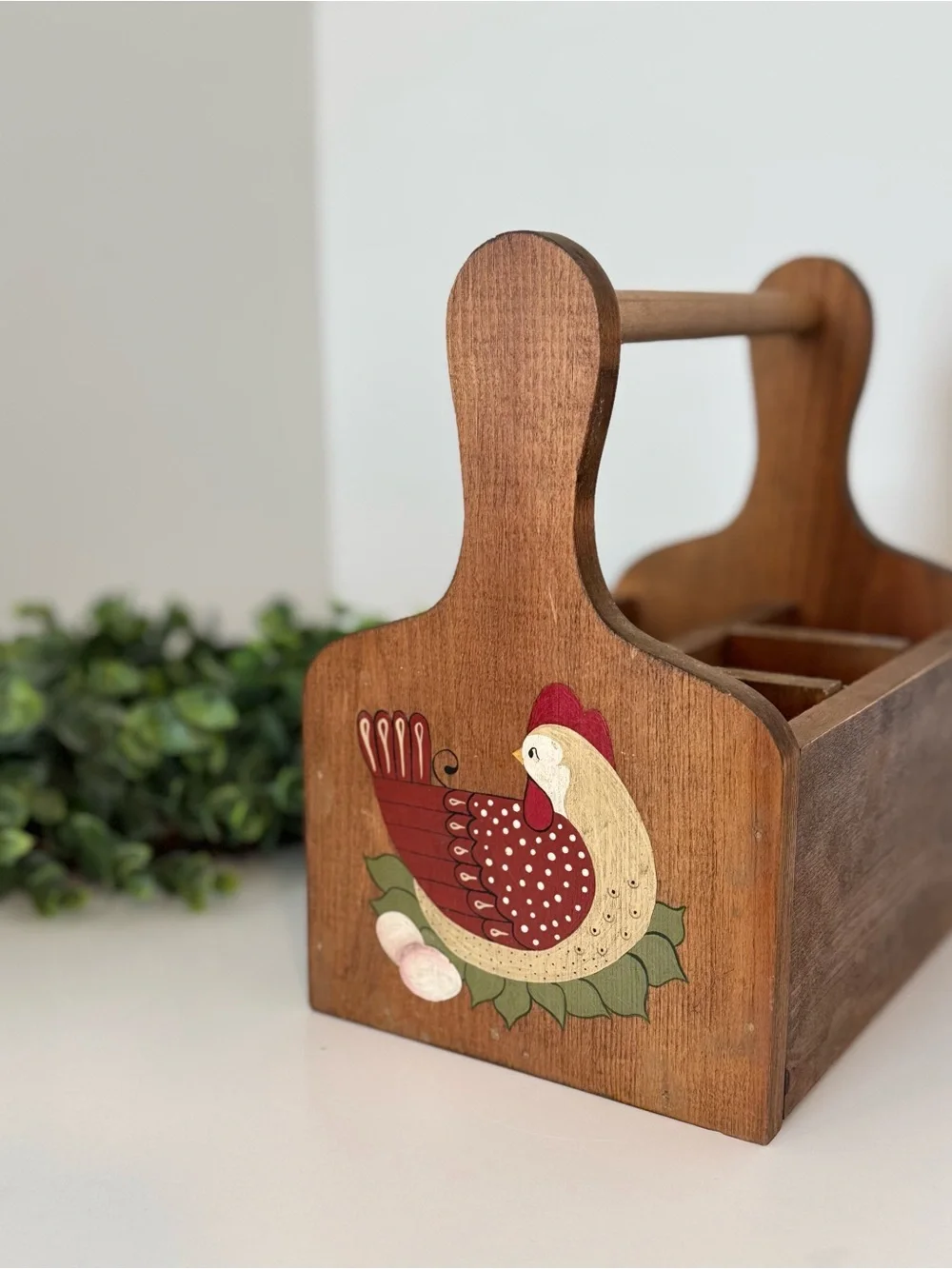 Hand-Painted Rustic Wooden Caddy with Red Hen Motif